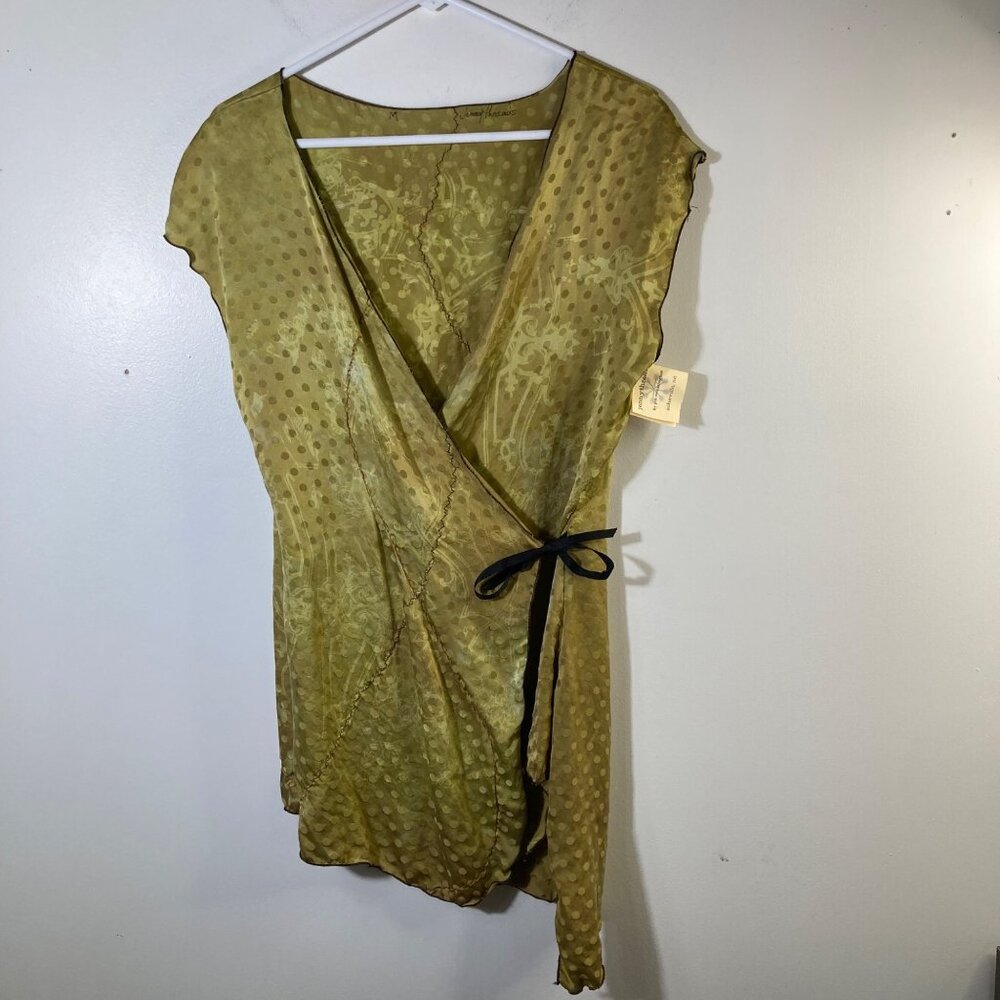 Womens Jenny Threads Silk Nori Tunic Wrap Top Greenish Gold M Tie Waist NWT